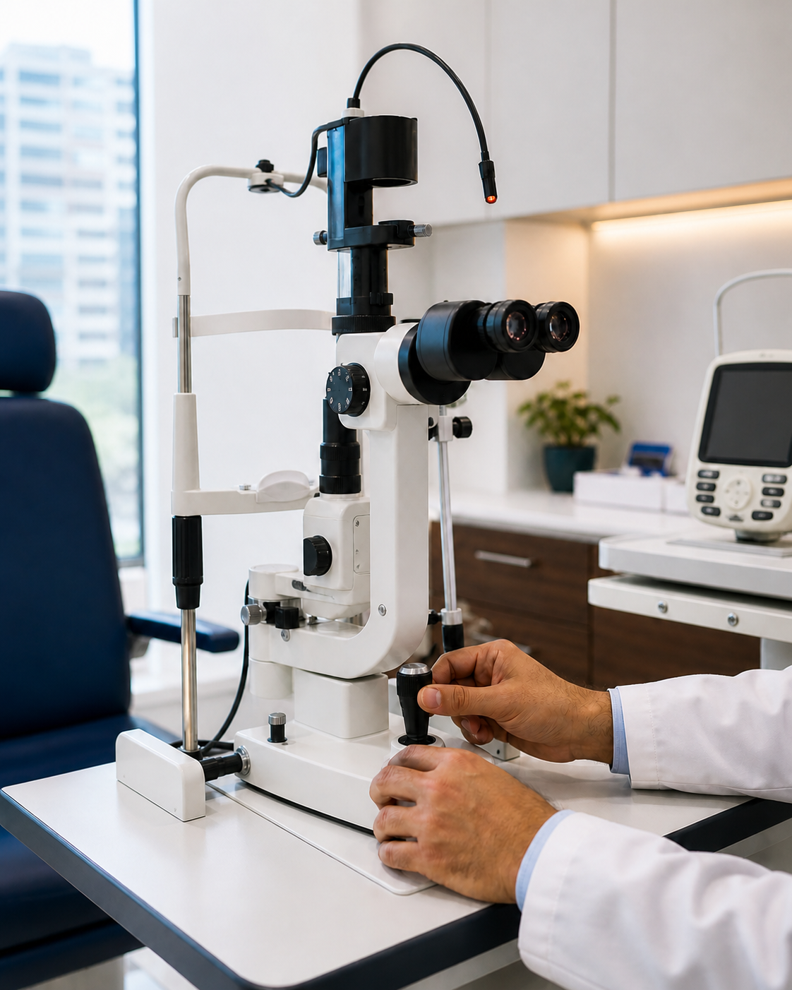 Modern slit-lamp equipment being prepared for an eye examination