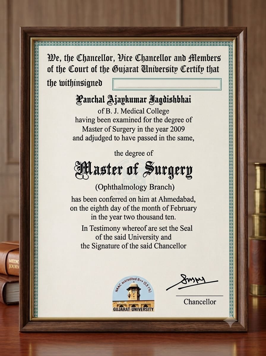 M.S. Ophthalmology degree certificate of Dr. Ajay Panchal from Gujarat University